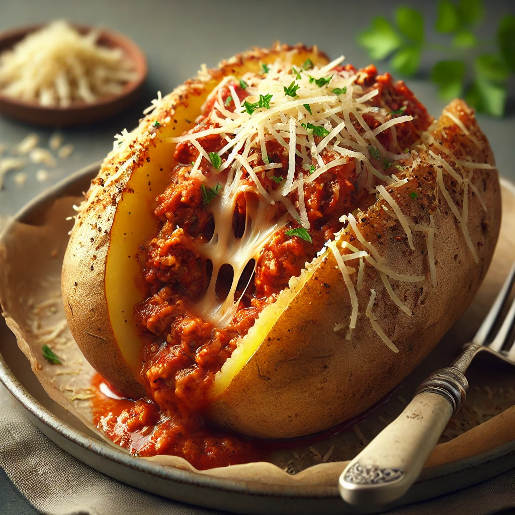 batata recheada sabor bolonhesa com parmesão e molho de tomate