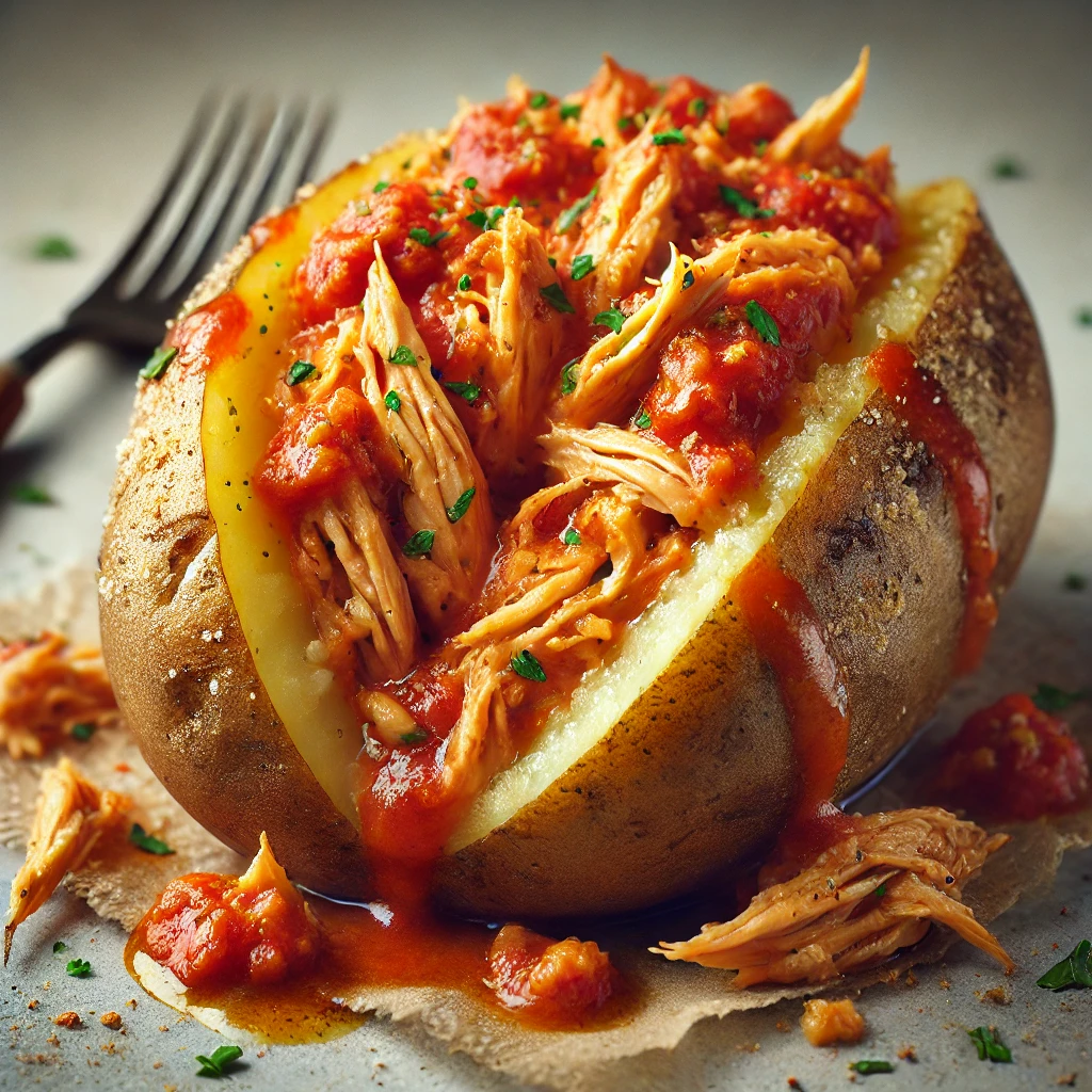 batata recheada sabor frango com molho de tomate